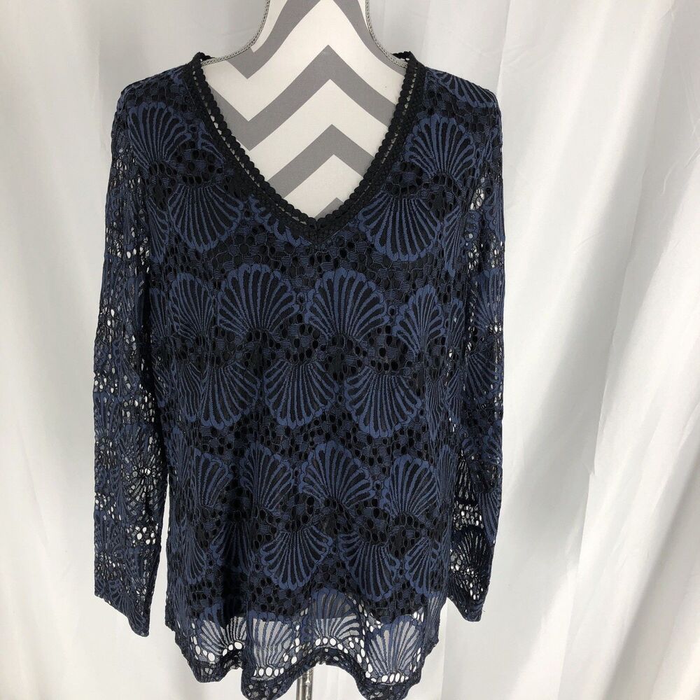 Yest Black Navy Lace Top Long Sleeve V Neck Goth Romantic Sheer Size 12w